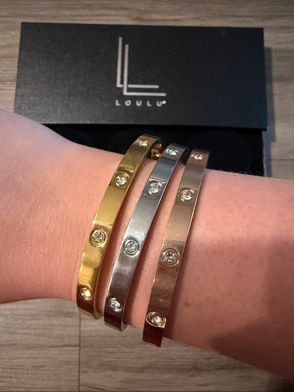 Crystal Accent Trio Bangle Set - Gold, Silver, Rose Gold